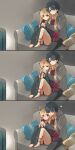  1boy 1girl asymmetrical_legwear azumi_(myameco) black_hair blonde_hair blue_eyes blush bow cloak couch cuddling cup cushion drinking ereshkigal_(fate) fate/grand_order fate_(series) fujimaru_ritsuka_(male) hair_bow hug hug_from_behind red_cloak red_eyes thighhighs watching_television 