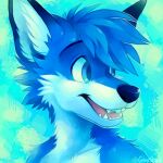 1:1 2016 abstract_background anthro blue_background blue_body blue_eyes blue_fur blue_hair blue_nose blue_pupils canid canine canis fangs fur genystar hair headshot_portrait looking_away magicx male mammal nude open_mouth portrait pupils sharp_teeth simple_background smile solo teeth white_body white_fur wolf