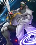 absurd_res anthro balls big_balls big_penis canid canine ejaculation erick_ahtanohj fox fur genitals grey_body grey_fur hi_res hyper macro male mammal muscular muscular_male penis planet_destruction planet_penetrated red_fox silver_fox solo space star toddevski