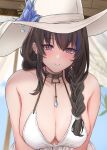  1girl bikini black_hair blue_flower blue_hair blush braid breasts cleavage earrings flower goddess_of_victory:_nikke hair_over_shoulder hand_on_headwear hat hat_flower highres jewelry large_breasts large_hat lips long_hair mary_(bay_goddess)_(nikke) mary_(nikke) multicolored_hair navel necklace official_alternate_costume parted_lips peli_cantaro smile solo streaked_hair sun_hat swimsuit swimsuit_cover-up unusually_open_eyes white_bikini white_headwear 