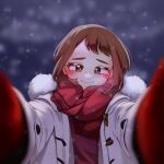  1girl absurdres blurry blurry_foreground blush blush_stickers boku_no_hero_academia brown_eyes brown_hair bunnnyui closed_mouth fur-trimmed_jacket fur_trim grey_jacket highres jacket meme open_clothes open_jacket pov_cheek_warming_(meme) red_scarf scarf smile snow snowing solo upper_body uraraka_ochako watermark 