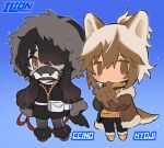  1boy 1girl :&lt; animal_ears black_coat black_footwear black_pants black_shorts blue_background brown_coat brown_eyes brown_hair chibi closed_mouth coat colored_tips dog_boy dog_ears dog_girl dog_tail english_commentary full_body fur-trimmed_footwear fur-trimmed_hood fur-trimmed_jacket fur-trimmed_sleeves fur_collar fur_trim gradient_background hair_over_one_eye hands_up holding holding_leash holding_stuffed_toy hood hood_up jacket lapithai leash long_hair long_sleeves looking_at_viewer mask medium_hair mouth_mask multicolored_hair no_sclera original pants shorts sidelocks snow standing stuffed_animal stuffed_toy sweater tail teddy_bear yellow_footwear yellow_sweater 
