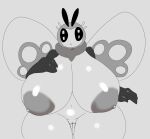 antennae_(anatomy) anthro big_breasts breasts female generation_7_pokemon hi_res huge_breasts huge_thighs looking_at_viewer monochrome navel nintendo nude open_mouth pokemon pokemon_(species) ribombee simple_background solo standing tha_randomu thick_thighs wings