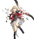  1girl alternate_costume armor arrow_(projectile) bag bangs belt black_footwear boots bow bow_(weapon) braid breastplate bridal_gauntlets broken_arrow brown_eyes brown_hair capelet clenched_teeth dress faye_(fire_emblem) feather_trim feathers fire_emblem fire_emblem_echoes:_shadows_of_valentia fire_emblem_heroes full_body gold_trim hair_bow highres holding holding_weapon knee_boots long_hair mikurou_(nayuta) non-web_source official_art one_eye_closed parted_lips shiny shiny_hair short_sleeves shoulder_armor solo sweat sweatdrop teeth torn_capelet torn_clothes transparent_background twin_braids twintails weapon 
