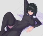  1girl absurdres arm_up black_dress black_thighhighs breasts coat daniel_deves dress fubuki_(one-punch_man) fur_coat green_eyes green_hair highres jacket jewelry large_breasts leg_up long_dress long_sleeves lying necklace on_back on_floor one-punch_man pearl_necklace short_hair side_slit smile solo taut_clothes taut_dress thighhighs tight_clothes tight_dress unworn_jacket white_jacket 
