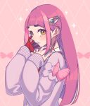  1girl argyle argyle_background bow brown_eyes commentary_request eyelashes gloves hair_ornament hairclip highres lacey_(pokemon) long_hair miri_(cherryjelly) parted_lips pink_background pink_bow pink_hair pokemon pokemon_sv purple_sweater red_gloves solo sweater teeth thick_eyebrows upper_body 