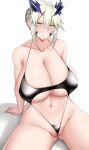  1girl absurdres arind_yudha artoria_pendragon_(fate) artoria_pendragon_(lancer_alter)_(fate) bare_shoulders black_one-piece_swimsuit blonde_hair braid breasts cleavage collarbone fate/grand_order fate_(series) french_braid hair_between_eyes highres horns huge_breasts large_breasts long_hair looking_at_viewer navel one-piece_swimsuit sidelocks sitting slingshot_swimsuit solo swimsuit thighs wedgie yellow_eyes 