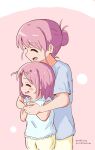  2girls :d absurdres aged_down blue_shirt blush_stickers bocchi_the_rock! closed_eyes gotoh_hitori gotoh_michiyo hair_bun hair_ornament hairpin highres hug hug_from_behind mother_and_daughter multiple_girls pants pink_background pink_hair shirt short_hair smile yellow_pants yusaku2021com 