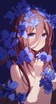  1girl absurdres blue_background blue_eyes blush breasts breasts_out cleavage completely_nude crying eyebrows_visible_through_hair flower go-toubun_no_hanayome highres large_breasts long_hair looking_at_viewer nakano_miku nude open_mouth red_hair simple_background solo tears woodsbench 