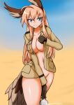  1girl ahoge bird_tail blonde_hair blue_sky bottle breasts brown_gloves cleavage cloud desert gloves groin hanna-justina_marseille head_wings horizon large_breasts long_hair looking_at_viewer navel no_bra no_panties open_clothes panamacarbine sand sky smile solo strike_witches tail thighs twitter_username world_witches_series 