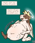 abdominal_bulge absurd_res angel anthro belly english_text eyes_closed eyewear feathered_wings feathers glasses halo hi_res immelmann lagomorph leporid male mammal mohawk rabbit solo struggling_prey takis_karelia text vore wings