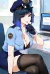  1girl black_bra black_gloves blue_hair bra breasts cleavage computer crossed_legs desk diagonal_bangs genshin_impact gloves green_eyes hand_on_own_chin hat highres lace-trimmed_bra lace_trim large_breasts lipstick looking_at_viewer makeup multicolored_hair partially_unbuttoned police police_hat police_uniform policewoman purple_lips sitting skirt smile thick_thighs thighhighs thighs truckkunart underwear uniform yelan_(genshin_impact) 