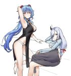  2girls absurdres arm_up armpits ass ass_cutout bare_legs barefoot black_dress blue_eyes blue_hair breasts bright_pupils cleavage clothing_cutout commission cosplay crossed_legs dress eyebrows_behind_hair ganyu_(genshin_impact) genshin_impact guitar_little_sister_(hitomi_o) guitar_little_sister_(hitomi_o)_(cosplay) hair_ornament highres horns large_breasts leg_up long_hair long_skirt looking_at_viewer low-tied_long_hair lying multiple_girls on_side panties pelvic_curtain purple_eyes shenhe_(genshin_impact) shiny shiny_hair sidelocks sketch skirt underboob underwear urrrt very_long_hair white_hair white_panties white_pupils 