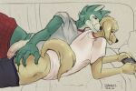 anthro balls beastars bed bottomwear bottomwear_down butt butt_grab canid canine canis clothed clothing domestic_dog duo foreskin furniture genitals girly hand_on_butt hi_res isakalts jack_(beastars) legoshi_(beastars) lying male male/male mammal nuzzling on_front partially_clothed penis sketch sofa wolf