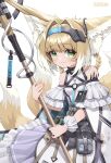  1girl absurdres animal_ears arknights bare_shoulders blush braid braided_hair_rings character_name closed_mouth fox_ears fox_girl fox_tail green_eyes hair_rings highres holding holding_staff infection_monitor_(arknights) kitsune kyuubi looking_at_viewer multiple_tails oripathy_lesion_(arknights) pouch revision simple_background smile solo staff standing suzuran_(arknights) tail twin_braids white_background zhengqi_zhizi_sg 