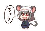  1girl animal_ears black_serafuku chibi green_neckerchief grey_hair hat highres medium_hair mouse_ears mouse_girl mouse_tail nazrin neckerchief open_mouth red_eyes school_uniform serafuku shitacemayo smile solo tail touhou translated 