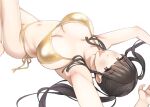  1girl armpits arms_up bangs bikini black_hair blunt_bangs blush breasts breasts_apart brown_eyes commentary_request gold_bikini halterneck large_breasts long_hair lying navel on_back original purumetal side-tie_bikini simple_background solo stomach swimsuit thighs tongue tongue_out twintails white_background 