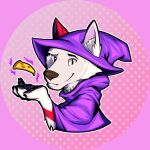 1:1 anthro arkdoggo arkdoggo_(character) berger_blanc_suisse brown_nose brown_pawpads canid canine canis cel_shading circular_frame clothing domestic_dog eyebrows food fur hat headgear headwear herding_dog hi_res inner_ear_fluff magic magic_user male mammal pastoral_dog pattern_background pawpads paws pink_background pizza portrait pupils red_body red_fur shaded simple_background slit_pupils solo star star-shaped_background teeth_showing telekinesis tuft white_body white_fur wizard_hat wizard_robe
