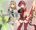  2girls aegis_sword_(xenoblade) blonde_hair breasts circlet cleavage cleavage_cutout closed_mouth clothing_cutout commentary_request core_crystal_(xenoblade) earrings energy_blade energy_sword feet_out_of_frame foot_out_of_frame gatchan glowing glowing_sword glowing_weapon highres holding holding_sword holding_weapon jewelry legs long_hair looking_at_viewer medium_hair multiple_girls mythra_(xenoblade) pyra_(xenoblade) red_eyes red_hair simple_background sword weapon xenoblade_chronicles_(series) xenoblade_chronicles_2 yellow_eyes 