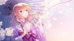  1girl blonde_hair cherry_blossoms crying falling_petals flower hand_up highres holding holding_umbrella japanese_clothes kimono long_hair long_sleeves looking_up obi oil-paper_umbrella original parted_lips petals plastic_moon purple_eyes sash solo string string_around_finger string_of_fate tears umbrella wide_sleeves wind 
