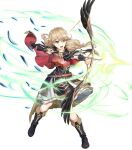  1girl alternate_costume armor arrow_(projectile) bag bangs belt black_footwear boots bow bow_(weapon) braid breastplate bridal_gauntlets brown_eyes brown_hair capelet dress faye_(fire_emblem) feather_trim feathers fire_emblem fire_emblem_echoes:_shadows_of_valentia fire_emblem_heroes full_body gold_trim hair_bow highres holding holding_bow_(weapon) holding_weapon knee_boots long_hair looking_away mikurou_(nayuta) non-web_source official_art open_mouth shiny shiny_hair short_sleeves shoulder_armor solo transparent_background twin_braids twintails weapon 