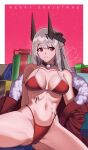 1girl arknights ass_visible_through_thighs bell bikini breasts cameltoe choker cleavage coat earrings fur-trimmed_coat fur_trim groin hair_ornament highres horns jewelry long_hair looking_up mudrock_(arknights) muscular navel neck_bell oripathy_lesion_(arknights) pointy_ears red_bikini red_coat red_eyes simple_background single_earring sleepcatz smile solo spread_legs stomach swimsuit tassel tassel_earrings teeth thick_thighs thighs unworn_coat 