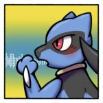 album_cover album_redraw ambiguous_gender anthro blue_body blue_fur blush cover digital_media_(artwork) fur generation_4_pokemon hi_res looking_sideways nintendo oofxd open_mouth pokemon pokemon_(species) riolu simple_background solo solo_focus yellow_background