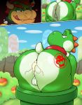 &lt;3 after_sex anus apple balls big_butt big_mouth_(anatomy) bodily_fluids bowser bowser_logo butt butt_heart cloud collar cum cum_in_ass cum_inside duo eyebrows fangs food fruit genital_fluids genitals grass green_body green_yoshi hair hi_res hill horn koopa leaking_cum looking_down looking_down_at_partner male male/male mario_bros nintendo orange_eyebrows orange_eyes orange_hair pipe plant red_shell scales scalie shadow shell shrub sky spiked_collar spikes spikes_(anatomy) stamp struggling struggling_to_fit stuck stuck_in_pipe sweat tail tears teeth thick_eyebrows thick_thighs tongue tongue_out warp_pipe yellow_body yoshi zlut385