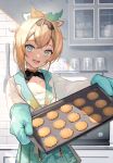  1girl ahoge baking black_hairband blonde_hair blue_eyes blue_skirt blush bow breasts commentary_request cookie cooking cowboy_shot double-parted_bangs food hair_bow hairband highres holding holding_tray hololive indoors kazama_iroha kazama_iroha_(1st_costume) kitchen looking_at_viewer medium_hair multicolored_bow open_mouth oven_mitts skirt small_breasts smile solo standing tray virtual_youtuber xyunx 