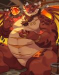 anthro beard belly big_belly bucket container dragon ear_piercing facial_hair fire gesture hi_res horn jewelry male navel necklace nude open_mouth orb overweight overweight_anthro overweight_male piercing ring scales sitting smile solo teeth wings yed