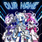  3girls album_cover bare_shoulders belt blue_eyes blue_hair breasts colored_skin cover cowboy_shot crop_top denonbu flat_chest glowing goggles goggles_on_head highres hood hood_up jacket kanou_hikari long_hair looking_at_viewer looking_to_the_side medium_breasts midriff multicolored_hair multiple_girls neneruneru official_art pink_eyes pink_hair second-party_source short_hair skirt smile song_name standing streaked_hair unaiukino white_hair white_jacket white_skin yanami_rain 