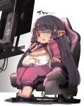  1girl alternate_breast_size barefoot black_hair breasts brown_eyes chair cleavage eyepatch granblue_fantasy harvin large_breasts long_hair lunalu_(granblue_fantasy) medical_eyepatch monitor oppai_loli pointy_ears saimon_fumie shortstack sitting solo stylus sweat track_suit very_long_hair 