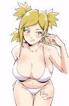  1girl arm_behind_back bikini blonde_hair blush breasts cleavage closed_mouth condom cowboy_shot green_eyes hand_up holding holding_condom large_breasts licking_lips naruto naruto_(series) navel parted_bangs quad_tails relaxjon sideways_glance simple_background solo string_bikini swimsuit temari_(naruto) thigh_gap tongue tongue_out white_background white_bikini 