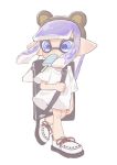  1girl animal_ears backpack bag bear_ears black_bag blue_eyes blue_pupils brown_hairband fake_animal_ears food full_body hairband highres inkling inkling_girl kome_626 long_hair pointy_ears popsicle purple_hair shirt shoes simple_background solo splatoon_(series) standing tentacle_hair white_background white_footwear white_shirt 