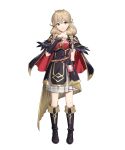  1girl alternate_costume armor bag bangs belt black_footwear boots bow braid breastplate bridal_gauntlets brown_eyes brown_hair capelet closed_mouth collarbone dress faye_(fire_emblem) feather_trim fingernails fire_emblem fire_emblem_echoes:_shadows_of_valentia fire_emblem_heroes full_body gold_trim hair_bow hand_on_own_chest hand_up head_tilt highres knee_boots lips long_hair looking_at_viewer mikurou_(nayuta) non-web_source official_art pink_bow shiny shiny_hair short_sleeves shoulder_armor solo standing transparent_background twin_braids twintails 