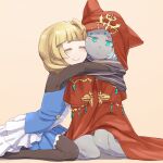  2girls :&gt; aqua_eyes arken_(sekaiju) black_pantyhose blonde_hair cheek-to-cheek closed_eyes colored_skin fencer_(sekaiju) fencer_2_(sekaiju) grey_skin heads_together highres hood hood_up hug mochi_(mochi444420) multiple_girls pantyhose sekaiju_no_meikyuu sekaiju_no_meikyuu_5 sitting wariza white_hair 