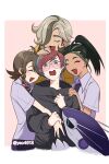  1boy 3girls arven_(pokemon) black_hair blue_hair blush braid brown_eyes brown_hair glasses green_hair grey_eyes group_hug hair_over_one_eye highres hood hoodie hug juliana_(pokemon) koraidon light_brown_hair long_hair multicolored_hair multiple_girls necktie nemona_(pokemon) open_mouth pantyhose penny_(pokemon) pokemon pokemon_(creature) pokemon_sv ponytail purple_necktie red_hair round_eyewear school_uniform shirt short_hair short_sleeves side_braid smile streaked_hair two-tone_hair uva_academy_school_uniform yao_(evep3835) 