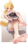  1girl ahoge bare_legs barefoot blonde_hair blue_shorts blush boots collarbone convenient_leg crop_top dorsiflexion eyelashes feathered_wings feet foot_focus foreshortening frilled_shirt frilled_shorts frills full_body gradient_background grey_background highres holding holding_clothes holding_footwear legs long_hair looking_at_viewer off_shoulder on_ground open_mouth orange_hair original pointy_ears rryiup shirt shorts sidelocks signature sitting smell soles solo steaming_body thighs toenails toes unworn_boots white_background white_shirt wings yellow_wings 