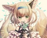  1girl animal_ears arknights bare_shoulders black_gloves blonde_hair blue_hairband braid braided_hair_rings commentary_request flower fox_ears fox_girl fox_tail gloves green_eyes hair_rings hairband highres holding holding_flower kitsune kyuubi lily_of_the_valley looking_at_viewer miritenoru multiple_tails oripathy_lesion_(arknights) partial_commentary short_hair single_glove solo suzuran_(arknights) tail twin_braids upper_body 