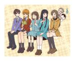  1boy 6+girls black_footwear black_hair black_necktie blazer blue_fire blue_jacket blue_necktie blue_skirt bob_cut book bow bowtie brown_eyes brown_footwear brown_hair crossdressing crossover expressionless fire from_side fujioka_haruhi full_body gatan666 grey_pants grey_socks hair_over_shoulder hand_up hands_up highres hitodama holding holding_book invisible_chair iwakura_mitsumi jacket japanese_clothes kamisama_hajimemashita kimi_ni_todoke kimono kneehighs korean_commentary kotetsu_(kamisama_hajimemashita) kuronuma_sawako loafers long_hair long_sleeves looking_at_another looking_down looking_to_the_side low_twintails miniskirt mizutani_shizuku momozono_nanami multiple_crossover multiple_girls necktie nervous one_eye_closed onikiri_(kamisama_hajimemashita) open_book orange_hair ouran_high_school_host_club ouran_high_school_uniform own_hands_together pants pleated_skirt pointing pointing_at_another reading red_bow red_bowtie red_jacket reverse_trap school_uniform shoes short_hair side-by-side sitting skip_to_loafer skirt socks straight_hair sweatdrop tonari_no_kaibutsu-kun trait_connection twintails yellow_bow yellow_bowtie yellow_jacket yellow_skirt 