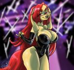 big_breasts big_tail breasts canid canine canis domestic_dog female feral glass hair latex lostwisdom mammal pink_eyes red_hair small_waist solo tail thighs wide_hips