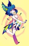 2016 4_fingers anthro avian beak bird blue_body blue_feathers blue_hair chest_tuft extyrannomon_(artist) feathers female fingers fur gesture hair half-closed_eyes inner_ear_fluff looking_at_viewer multicolored_body multicolored_feathers narrowed_eyes open_mouth perico red_eyes simple_background solo tuft v_sign walking white_body white_fur