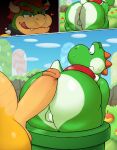 &lt;3 anus apple balls belly big_butt big_mouth_(anatomy) bodily_fluids bowser butt butt_heart cloud collar duo erection eyebrows fangs food fruit genitals grass green_body green_yoshi hair hi_res hill horn imminent_rape imminent_sex koopa looking_at_genitalia looking_at_penis looking_back looking_down looking_down_at_partner male male/male mario_bros nintendo orange_eyebrows orange_eyes orange_hair penis pipe plant red_shell scales scalie scared shadow shell shrub sky spiked_collar spikes spikes_(anatomy) struggling struggling_to_fit stuck stuck_in_pipe sweat tail teeth thick_eyebrows thick_thighs throbbing throbbing_penis tongue tongue_out warp_pipe yellow_body yoshi zlut385