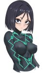  1girl black_bodysuit black_eyes black_eyeshadow black_hair bob_cut bodysuit breasts closed_mouth collarbone covered_nipples cropped_torso das_(dan_dan) eyeshadow fate/samurai_remnant fate_(series) frown hair_between_eyes highres looking_at_viewer makeup medium_breasts minamoto_no_raikou_(fate) neon_trim rider_(fate/samurai_remnant) short_eyebrows short_hair simple_background skin_tight solo white_background 