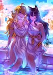  2girls ancient_greek_clothes animal_ears black_hair blake_belladonna blonde_hair bracelet breasts cat_ears cherry_in_the_sun cleavage couple dress greco-roman_clothes hand_on_another&#039;s_waist jewelry long_hair multiple_girls onsen purple_eyes rwby smile summer thighs yang_xiao_long yellow_eyes yuri 