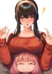  ! 2girls :o anya&#039;s_heh_face_(meme) anya_(spy_x_family) bangs black_hair blush breast_rest breasts breasts_on_head child collarbone grin hair_between_eyes hairband hands_up hiroki_ree large_breasts long_hair looking_at_viewer meme mother_and_daughter multiple_girls narrowed_eyes off-shoulder_sweater off_shoulder pink_hair red_eyes red_sweater sidelocks signature smile spy_x_family sweater upper_body white_hairband yor_briar 