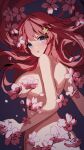  1girl absurdres back blue_eyes blush breasts breasts_out cleavage completely_nude dark_background flower go-toubun_no_hanayome hair_ornament highres large_breasts long_hair looking_at_viewer looking_back nakano_itsuki nude open_mouth petals red_hair simple_background woodsbench 