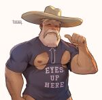  1boy absurdres arm_hair arrow_(symbol) bara beard belly bottomless clothes_writing cowboy_shot facial_hair full_beard hairy helbai highres large_pectorals long_beard long_mustache looking_at_viewer male_focus mature_male meme muscular muscular_male my_eyes_are_up_here_(meme) nipple_cutout nipples old old_man original pectorals plump pointing pointing_at_self short_hair solo sparse_chest_hair thick_beard thick_eyebrows thick_mustache white_hair 