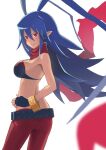  1girl antenna_hair ass bare_shoulders belt bikini bikini_top_only black_gloves blue_hair bracelet breasts closed_mouth disgaea disgaea_d2 fingerless_gloves fingernails genderswap genderswap_(mtf) gloves hair_between_eyes highres huge_antenna_hair jewelry laharl-chan long_hair looking_at_viewer pants pointy_ears red_eyes red_pants red_scarf scarf simple_background smile solo spiked_hair swimsuit torn torn_clothes torn_scarf very_long_hair white_background 
