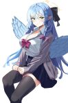  1girl alternate_costume angel angel_wings black_thighhighs blue_archive blue_hair braid breasts cleavage green_eyes grey_jacket halo highres jacket large_breasts long_hair looking_at_viewer mine_(blue_archive) pointy_ears ribbon sashu_(thershr6s) school_uniform side_braid simple_background sitting solo thighhighs very_long_hair white_background wings zettai_ryouiki 